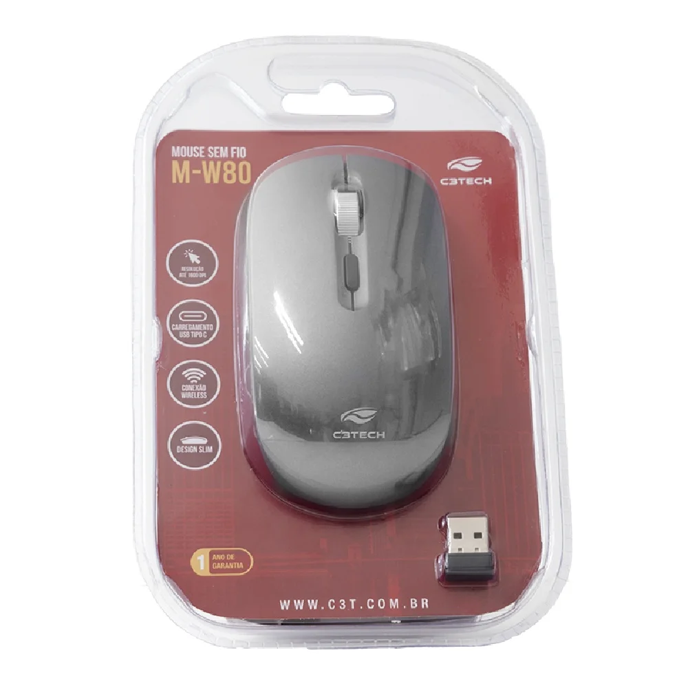 Imagem 4 de 5 do produto Mouse C3tech M-w80gy 4 Botões Wireless 1600dpi Cinza