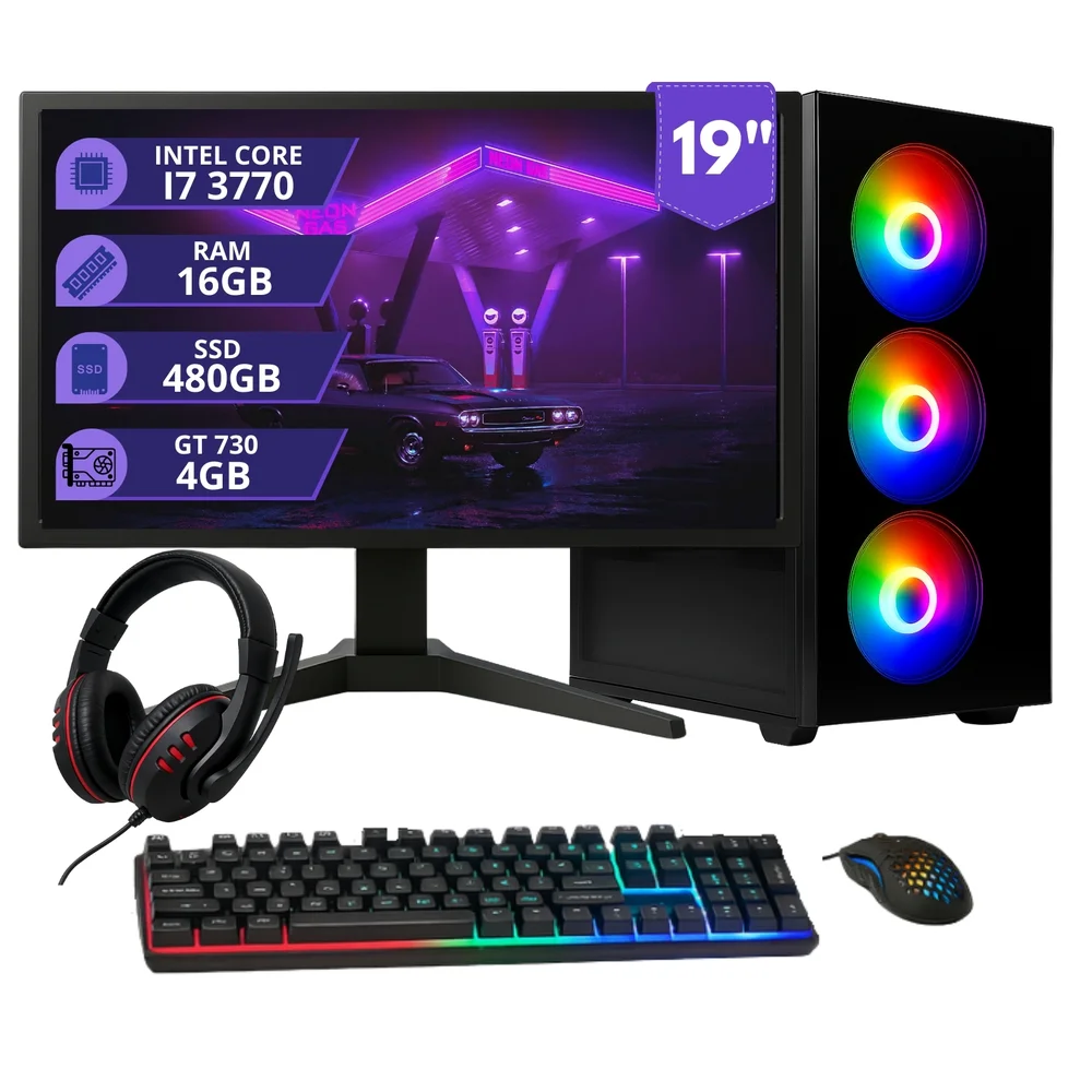 PC Gamer Mrp Intel I7 3.4GHz, 16GB RAM, Placa Gt 730 4GB, SSD 480GB, Fonte 500w, Windows 10 Trial + Monitor 19'' + Mouse e Teclado