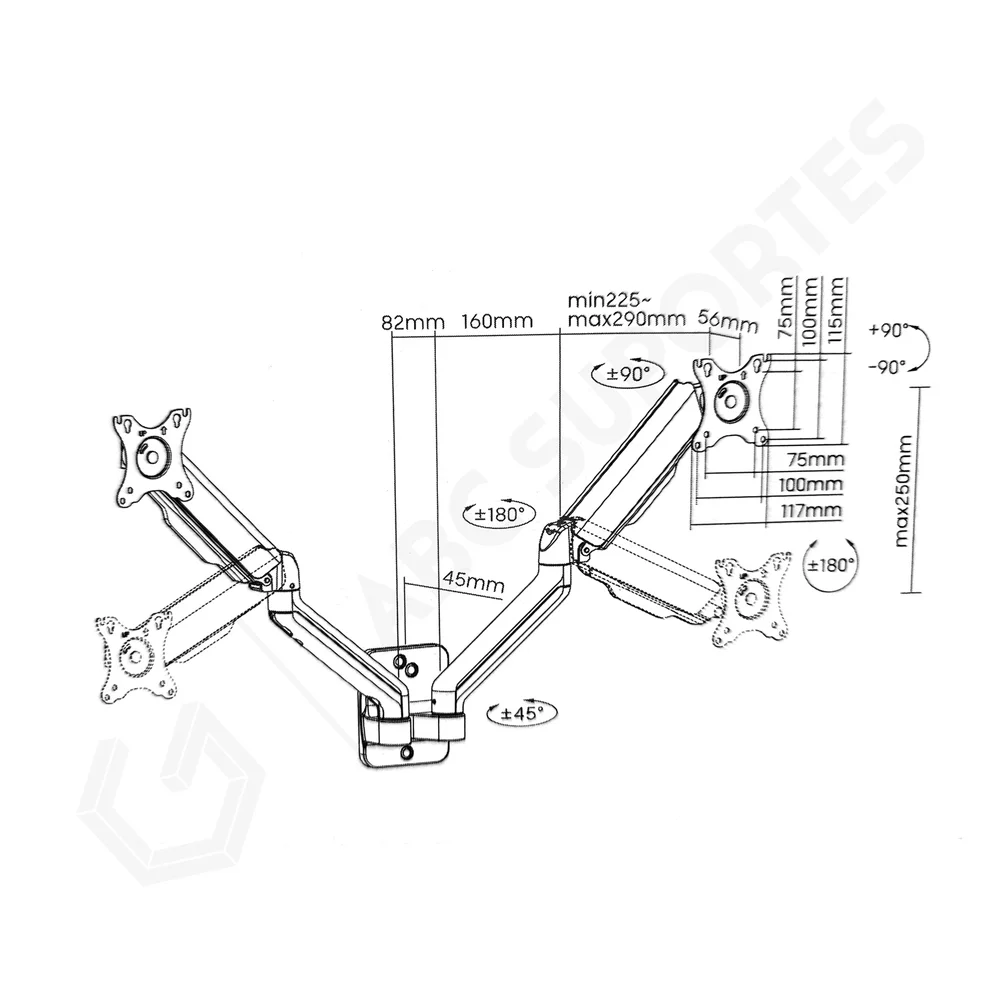Imagem 4 de 5 do produto Suporte Articulado De Parede Com Mola E Ajuste De Altura Para 02 Monitores De 17 À 32 " - PCyes Plmsm05a Cor:pre