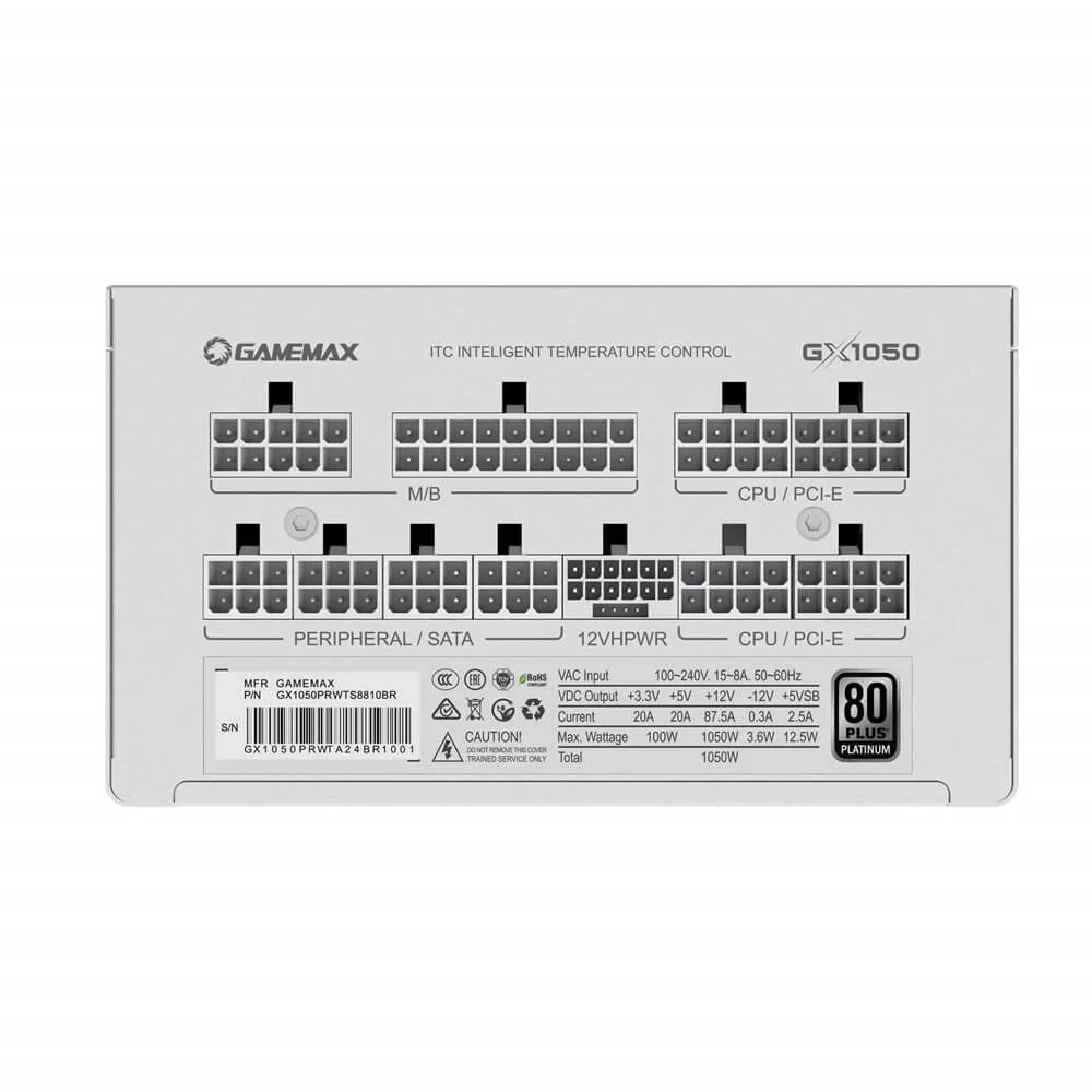 Imagem 3 de 5 do produto Fonte Gamemax 1050w Gx1050 Pro, 80 Plus Platinum. FULL Modular, Branco