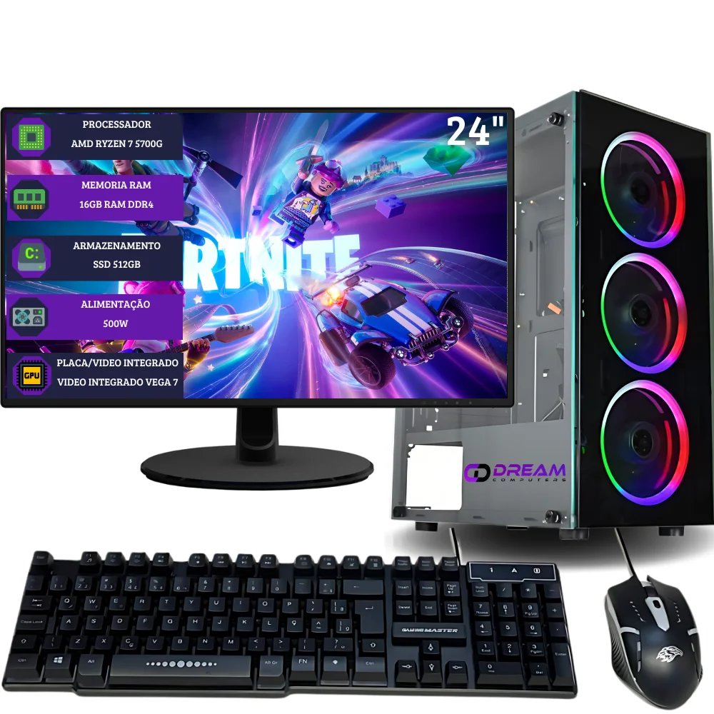 PC GAMER Completo  AMD RYZEN 7 5700G , 16GB RAM, Placa Vega 8, SSD 512GB, Fonte 500W. Windows 10 trial + Monitor 24" LED + Kit Gamer