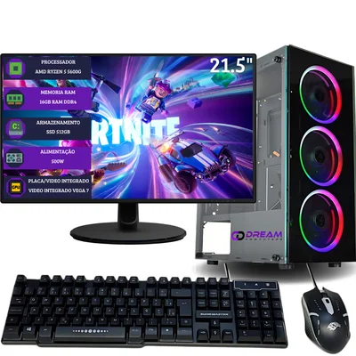 PC GAMER Completo AMD RYZEN 5 5600G, 16GB RAM, Placa A520 Vega 7, SSD 512GB, Fonte 500W. Windows 10 trial + Monitor 21.5" LED + Kit Gamer