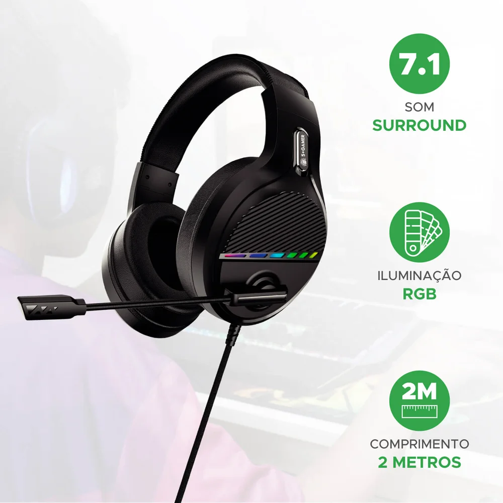 Imagem 3 de 5 do produto Headset Gamer Com Fio 5+, 7.1, LED, RGB, Microfone, Cabo USB, 2 Metros