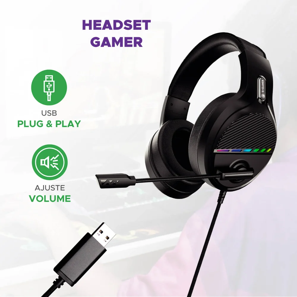 Imagem 4 de 5 do produto Headset Gamer Com Fio 5+, 7.1, LED, RGB, Microfone, Cabo USB, 2 Metros