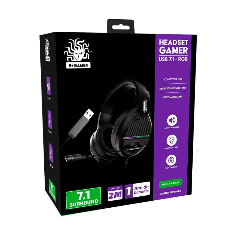 Imagem 5 de 5 do produto Headset Gamer Com Fio 5+, 7.1, LED, RGB, Microfone, Cabo USB, 2 Metros