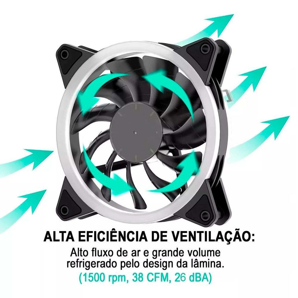 Cooler Fan Playshop, LED, RGB, 12v, Para Gabinete E Cpu Gamer 12cm, 1500 Rpm, Conector 3 Pinos, 4 Pinos Molex 5