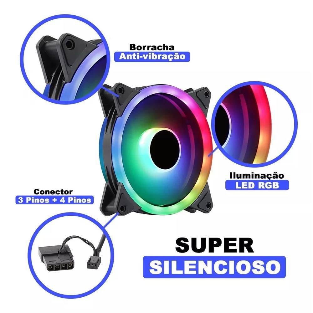 Cooler Fan Playshop, LED, RGB, 12v, Para Gabinete E Cpu Gamer 12cm, 1500 Rpm, Conector 3 Pinos, 4 Pinos Molex 6