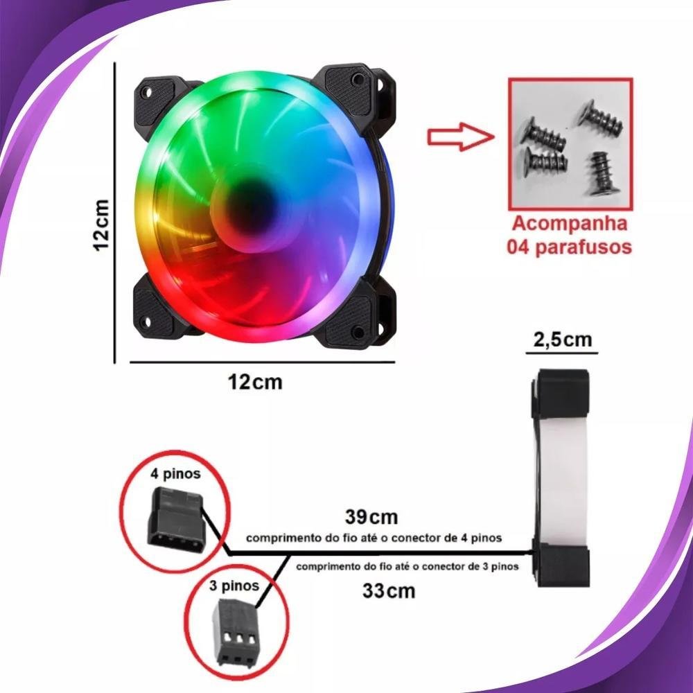 Cooler Fan Playshop, LED, RGB, 12v, Para Gabinete E Cpu Gamer 12cm, 1500 Rpm, Conector 3 Pinos, 4 Pinos Molex 7