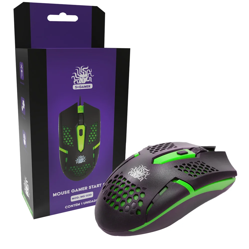 Mouse 5+ Gamer Start 2.0, 1500 DPI, USB, Ergonômico, Preto e Verde - 015-0091 Mouse 5+ Gamer Start 2.0, 1500 DPI, USB, Ergonômico, Preto e Verde - 015-0091