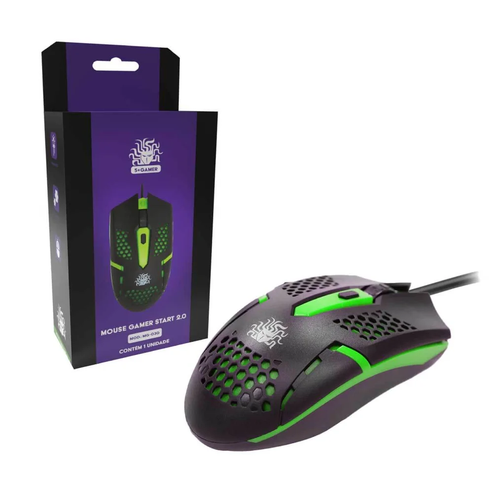 Mouse 5+ Gamer Start 2.0, 1500 DPI, USB, Ergonômico, Preto e Verde - 015-0091 Mouse 5+ Gamer Start 2.0, 1500 DPI, USB, Ergonômico, Preto e Verde - 015-0091