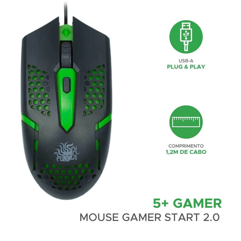 Mouse 5+ Gamer Start 2.0, 1500 DPI, USB, Ergonômico, Preto e Verde - 015-0091 Mouse 5+ Gamer Start 2.0, 1500 DPI, USB, Ergonômico, Preto e Verde - 015-0091