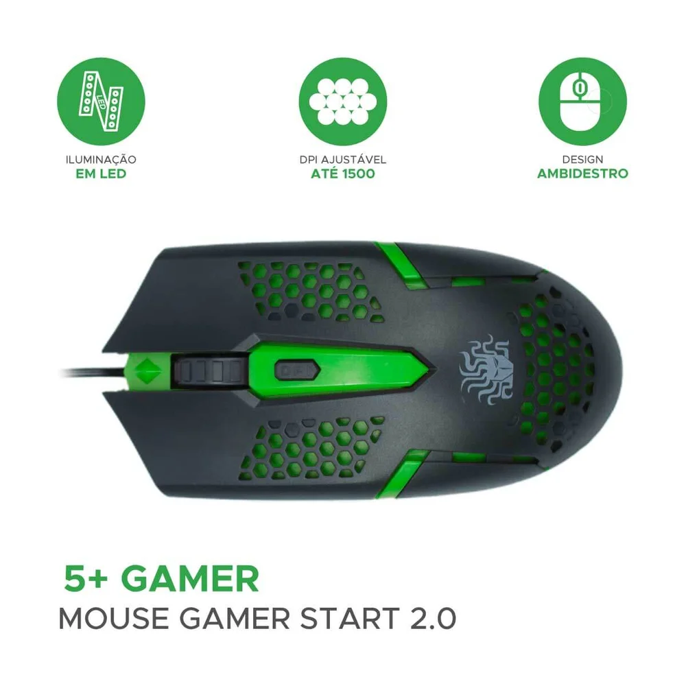 Mouse 5+ Gamer Start 2.0, 1500 DPI, USB, Ergonômico, Preto e Verde - 015-0091 Mouse 5+ Gamer Start 2.0, 1500 DPI, USB, Ergonômico, Preto e Verde - 015-0091
