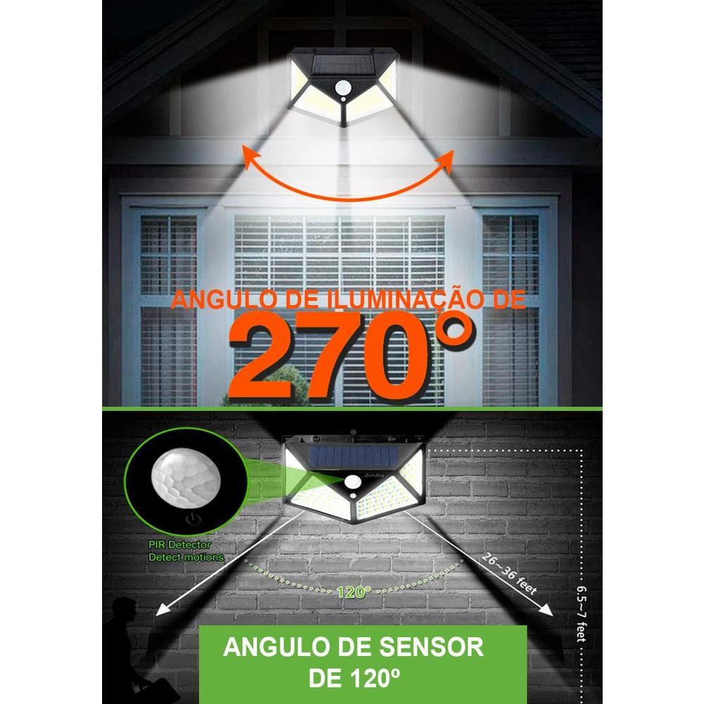 Imagem 5 de 5 do produto Luminária Arandela Solar Refletor Parede 100 LEDs, Com Sensor De Presença, Recarregavel, Para Quintal e Jardim