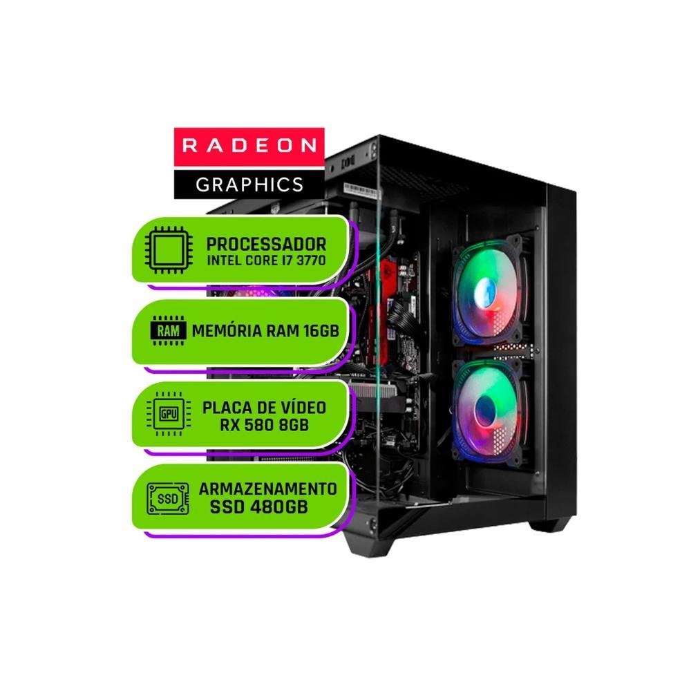 PC Gamer Balão.info Intel Core I7 3770, 16GB RAM DDR3, Radeon Rx 580 8GB, SSD 480GB, Preto, Windows 10 Trial