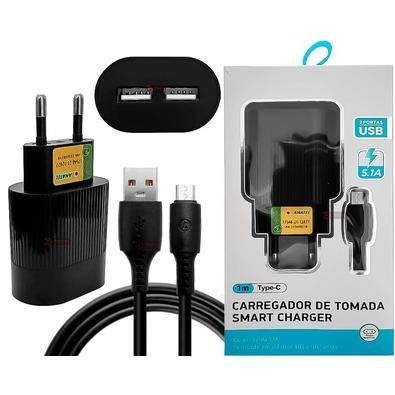 Cabo Playshop Dados e Carga, USB-C, Carregador Fonte Tomada, 2 USB 5.1a, Ultra Rápido, 1 Metro
