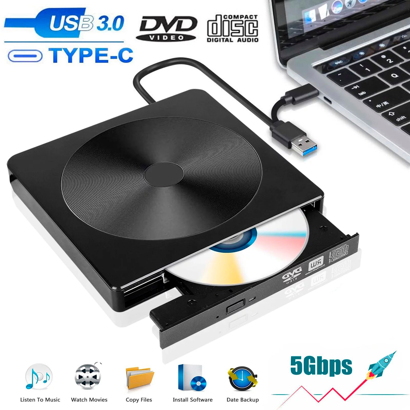 Leitor E Gravador De Cd Dvd Externo PC E Notebook Usb 3.0 Drive Portátil Slim Preto Linux Mac Ultrabook WINDOWS Laptop.