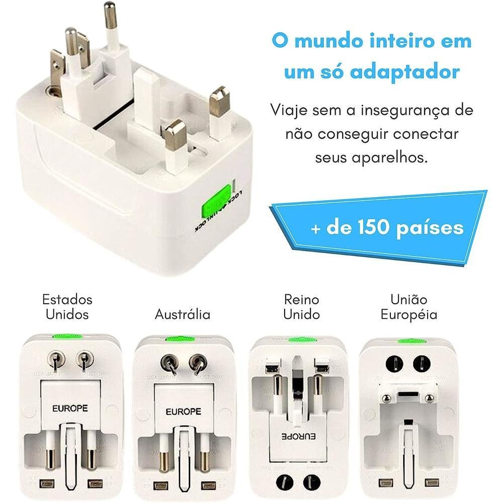 Adaptador Tomada Universal Viagem Internacional Uk Eua Europa Asia C/ 2 Usb Compatível Com Todos Os Países