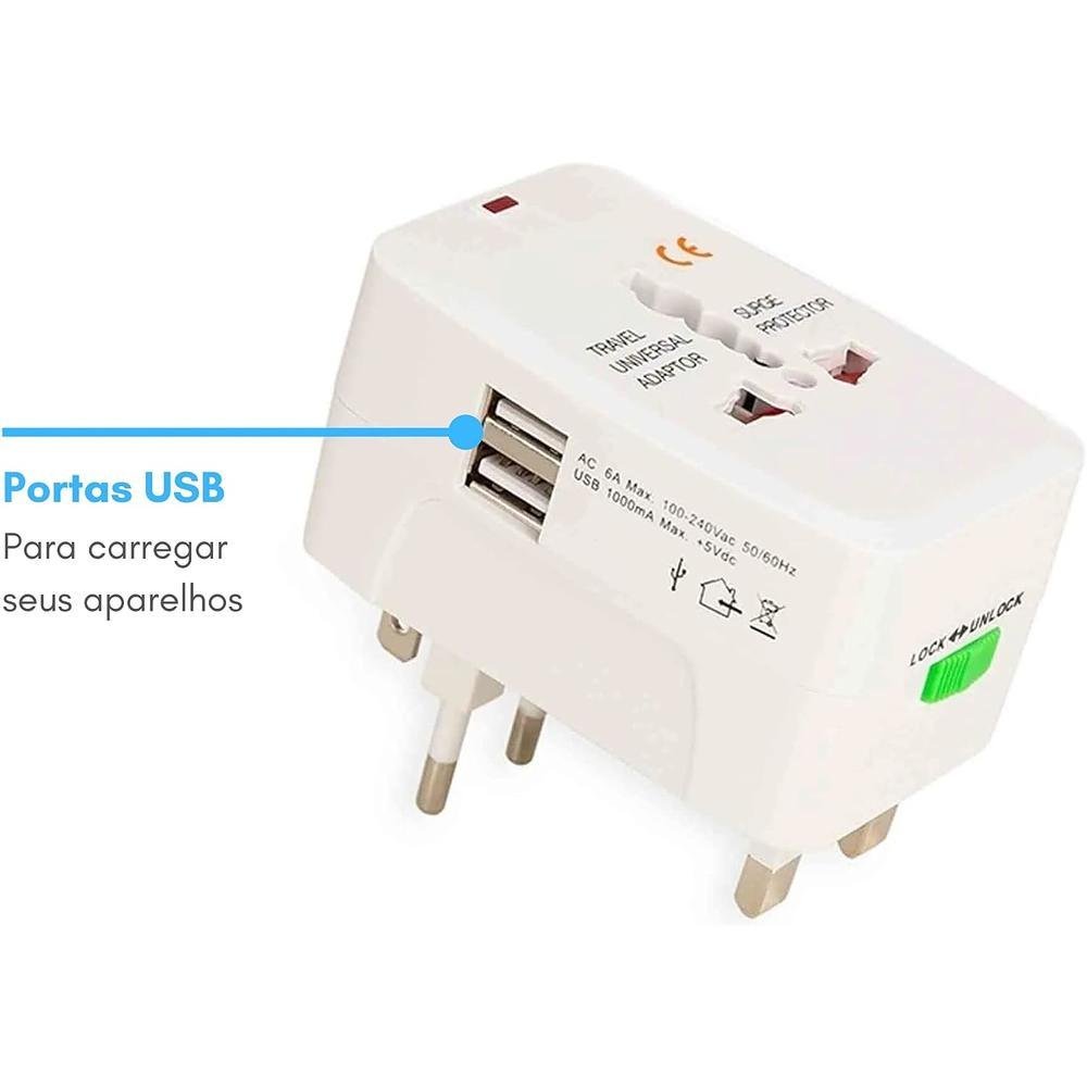 Adaptador Tomada Universal Viagem Internacional Uk Eua Europa Asia C/ 2 Usb Compatível Com Todos Os Países