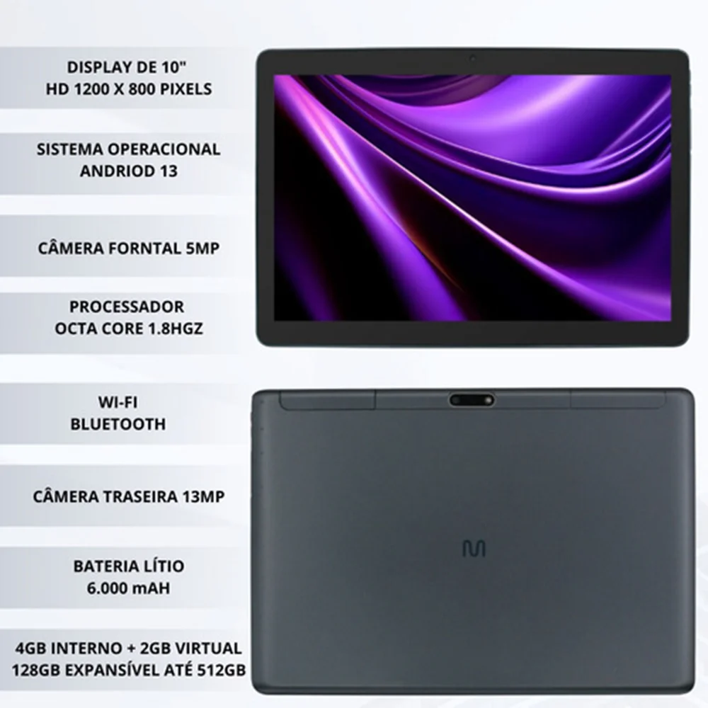 Imagem 2 de 5 do produto Tablet Multi M10 Wifi 6gb Ram 128GB Android 13 10.1" - Nb359 Cor:cinza