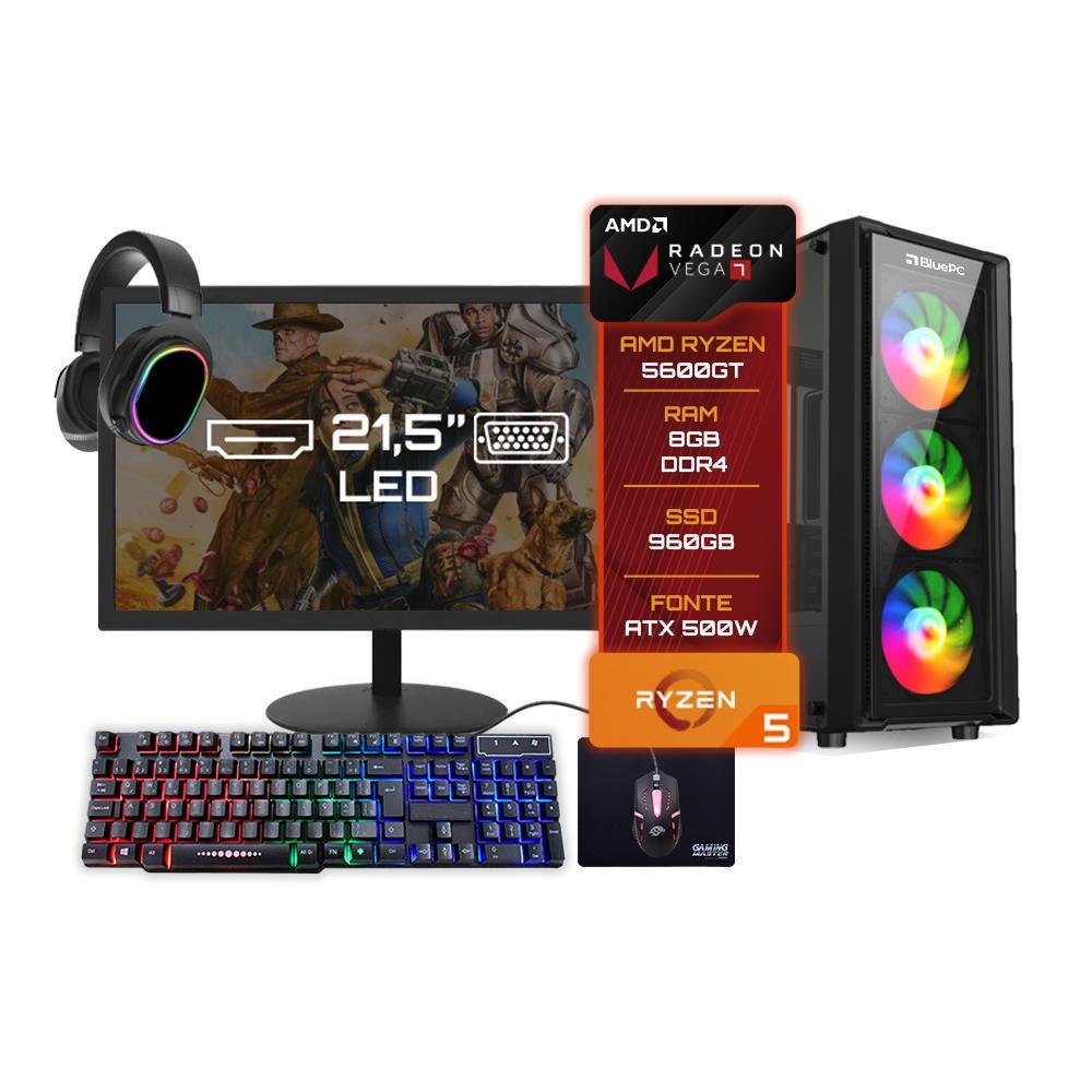 PC Gamer Completo Balão.info Amd Ryzen 5 5600gt 8GB Ddr4 SSD 960gb Vega 7 Monitor 21" - Kit Gamer Teclado Mouse Headset