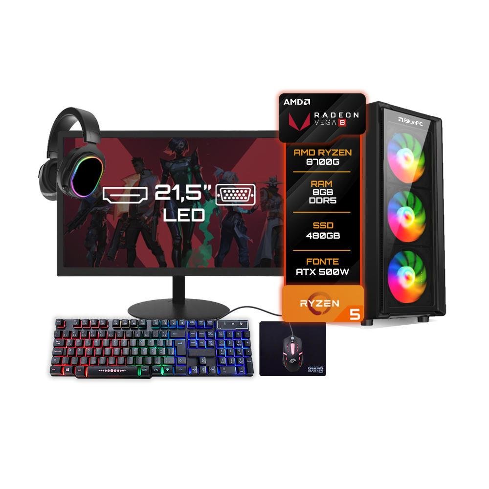 PC Gamer Completo Balão.info Amd Ryzen 7 8700g 8GB Ddr5 SSD 480GB Vega 8 Monitor 21" - Kit Gamer Teclado Mouse Headset
