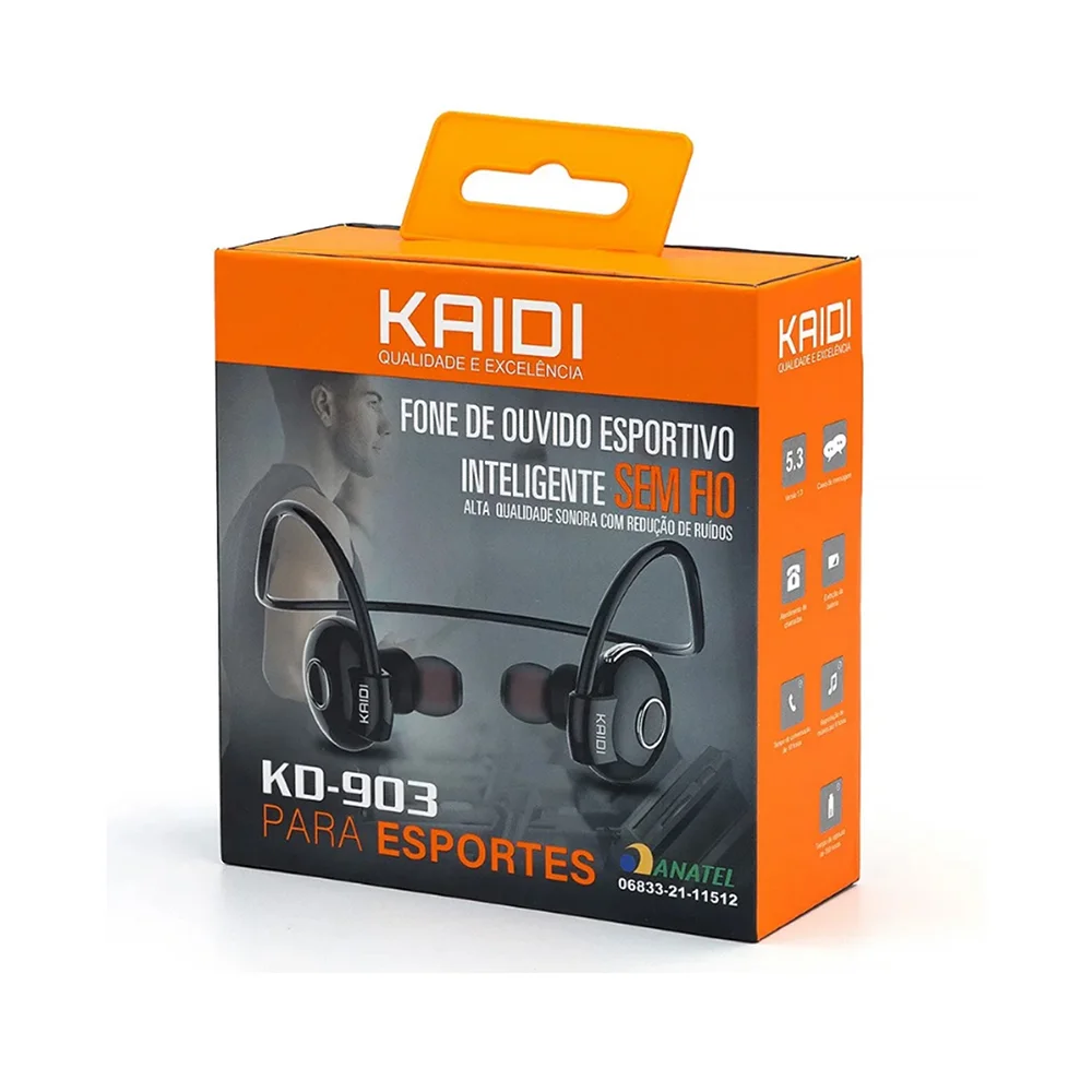 Fone De Ouvido Bluetooth 5.0 Kd903 Top Kaidi Esportivo Micro Cor Da Luz Preto Cor Preto