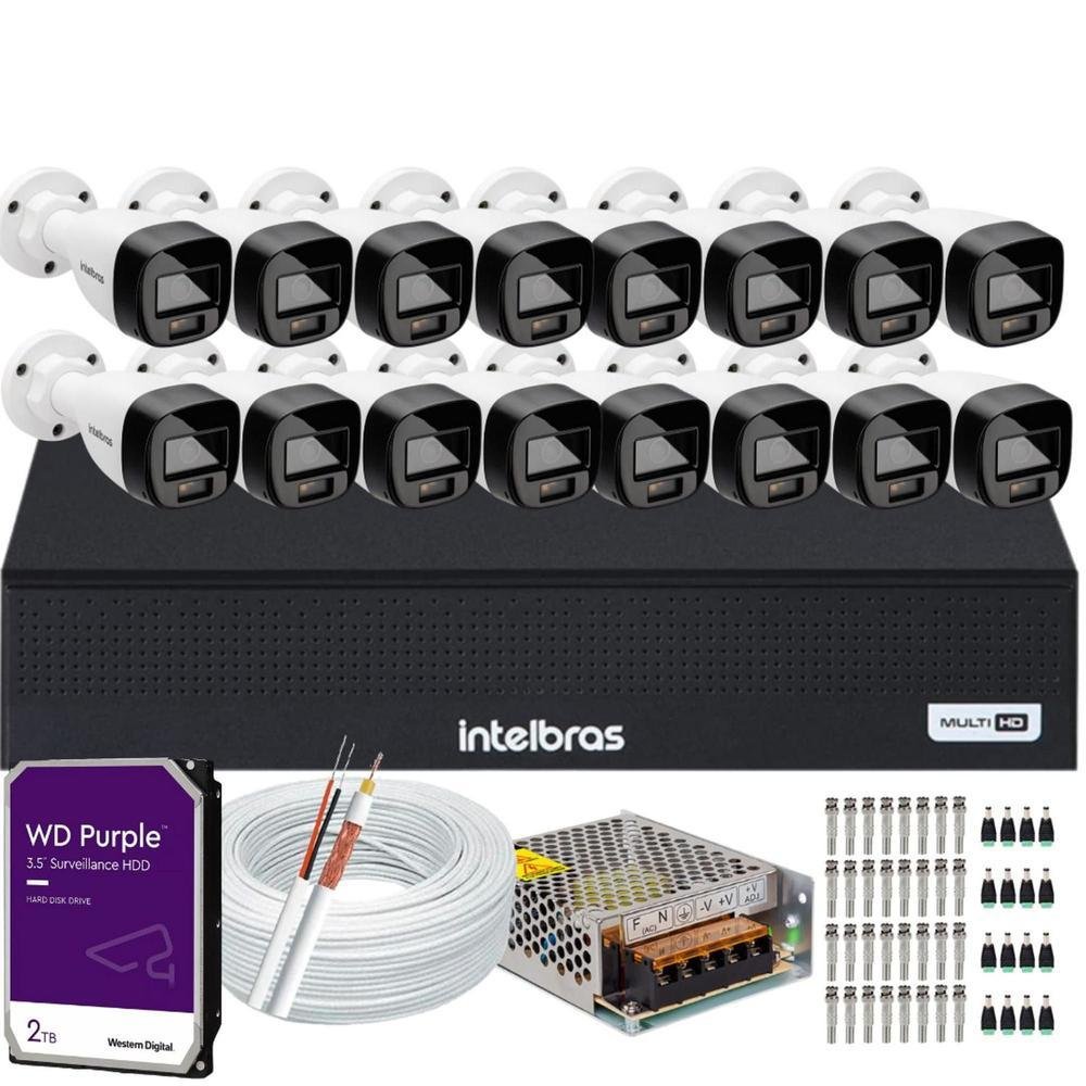 Imagem 1 de 5 do produto Kit Intelbras 16 Cameras Segurança  Vhd 3220b+ Microfone Audio Full Color 1080p Dvr 3116c 2TB Purple