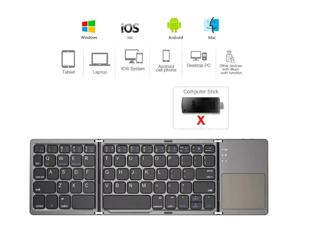 Imagem 2 de 4 do produto Mini Teclado Sem Fio Recarregável Portátil Touchpad Dobrável Bluetooth