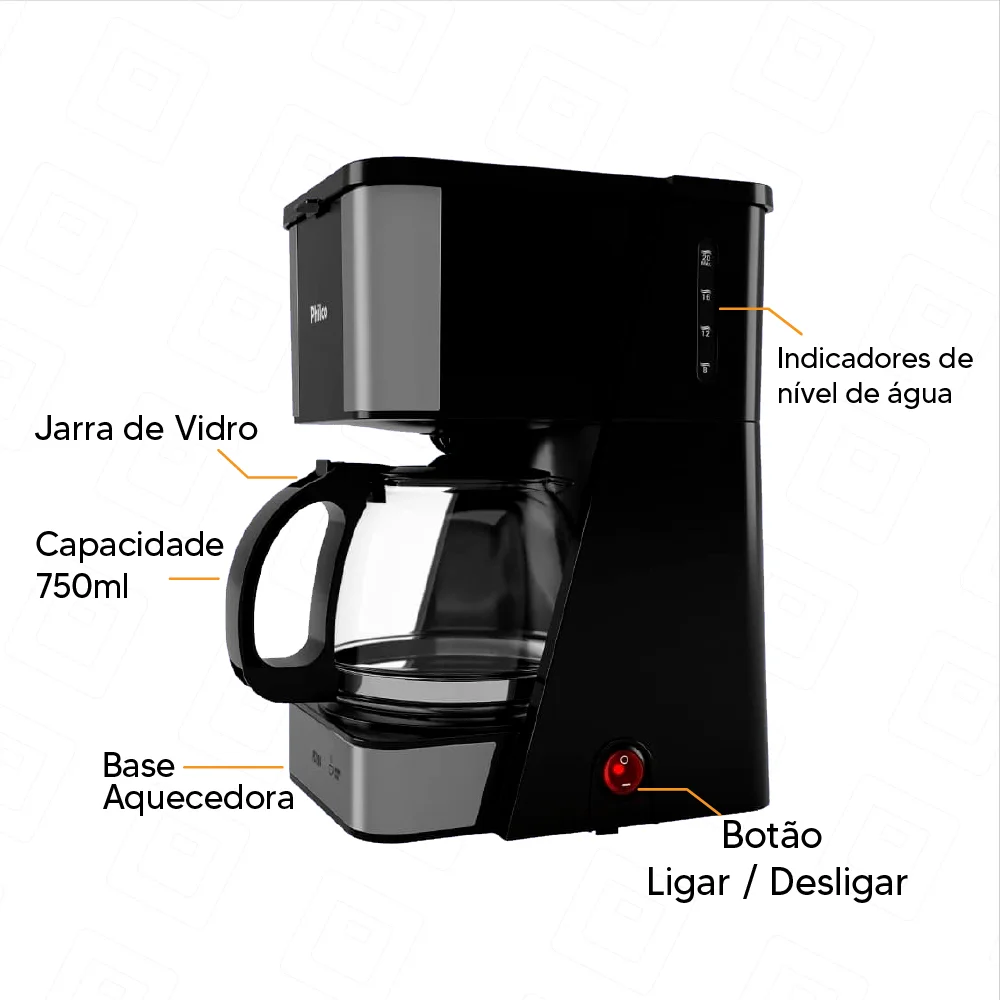 Imagem 2 de 5 do produto Cafeteira Philco PCf20a  Jarra De Vidro 720ml  20 Cafes 650w-preto  - 127v