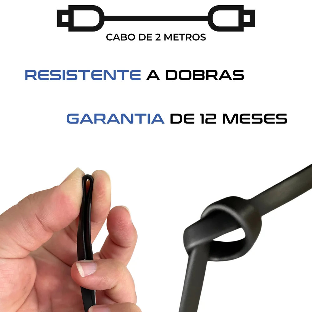 Imagem 5 de 5 do produto Cabo carregador Tipo C / USB - 2 metros - Reforçado e flexível - Ultra rápido - Original 1 ano de garantia