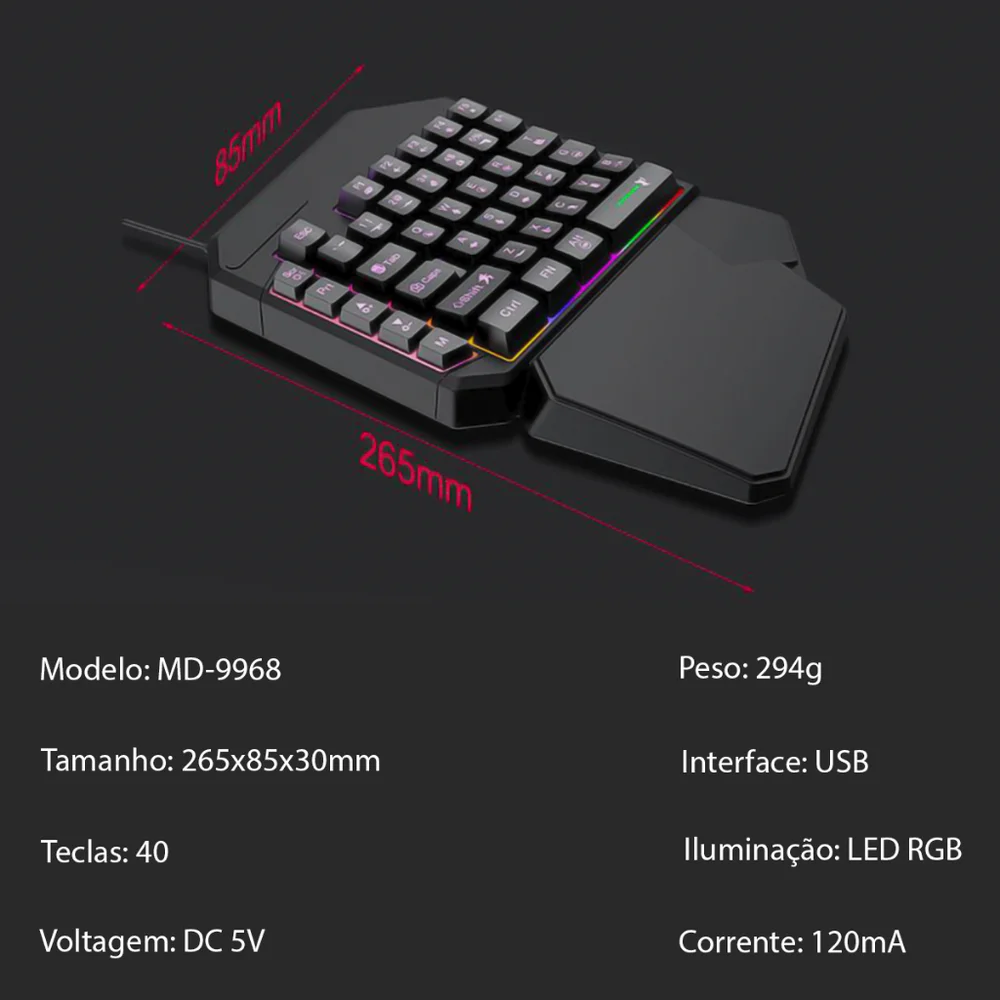 Imagem 2 de 5 do produto Teclado Gamer Single Hand Profissional Uma Mão LED RGB