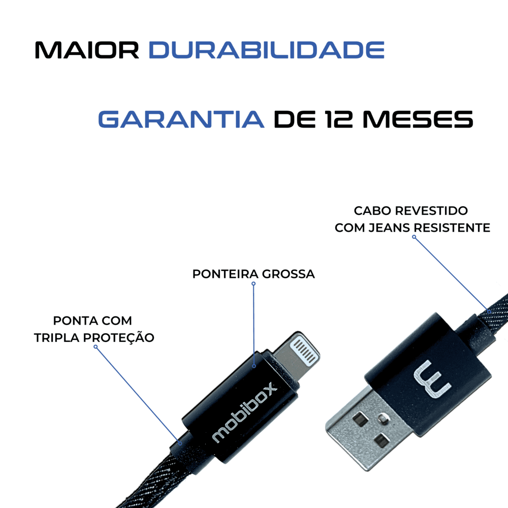 Imagem 2 de 5 do produto Cabo Carregador Lightning p/ iPhone com Entrada USB - 1 metro - Reforçado - Ultra rápido - Original 1 ano de garantia