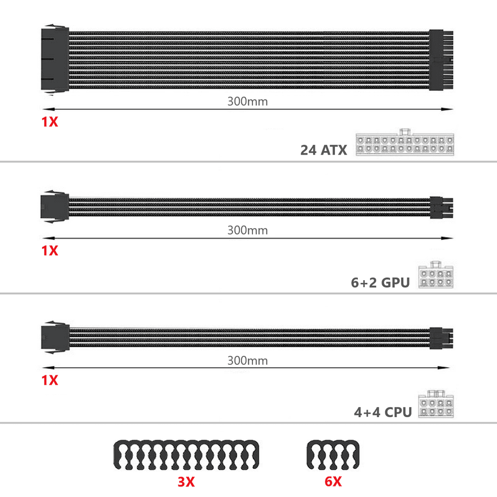 Imagem 4 de 5 do produto Kit 3 Cabo Sleeved Extensor de Fonte, 300mm, Preto, Compatível com ATX 1 x 24 Pinos, EPS 1 x 4+4 Pinos, GPU 2 x 6+2 Pinos