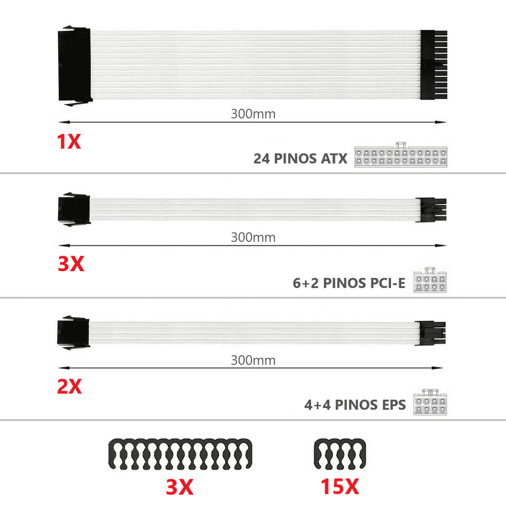 Imagem 3 de 5 do produto Kit 6 Cabo Sleeved Extensor de Fonte, 300mm, Branco, Compatível com ATX 1 x 24 Pinos, CPU 2 x 4+4 Pinos, GPU 3 x 6+2 Pinos