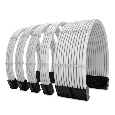Kit 5 Cabo Sleeved Extensor de Fonte, 300mm, Branco, Compatível com ATX 1 x 24 Pinos, CPU 2 x 4+4 Pinos, GPU 2 x 6+2 Pinos