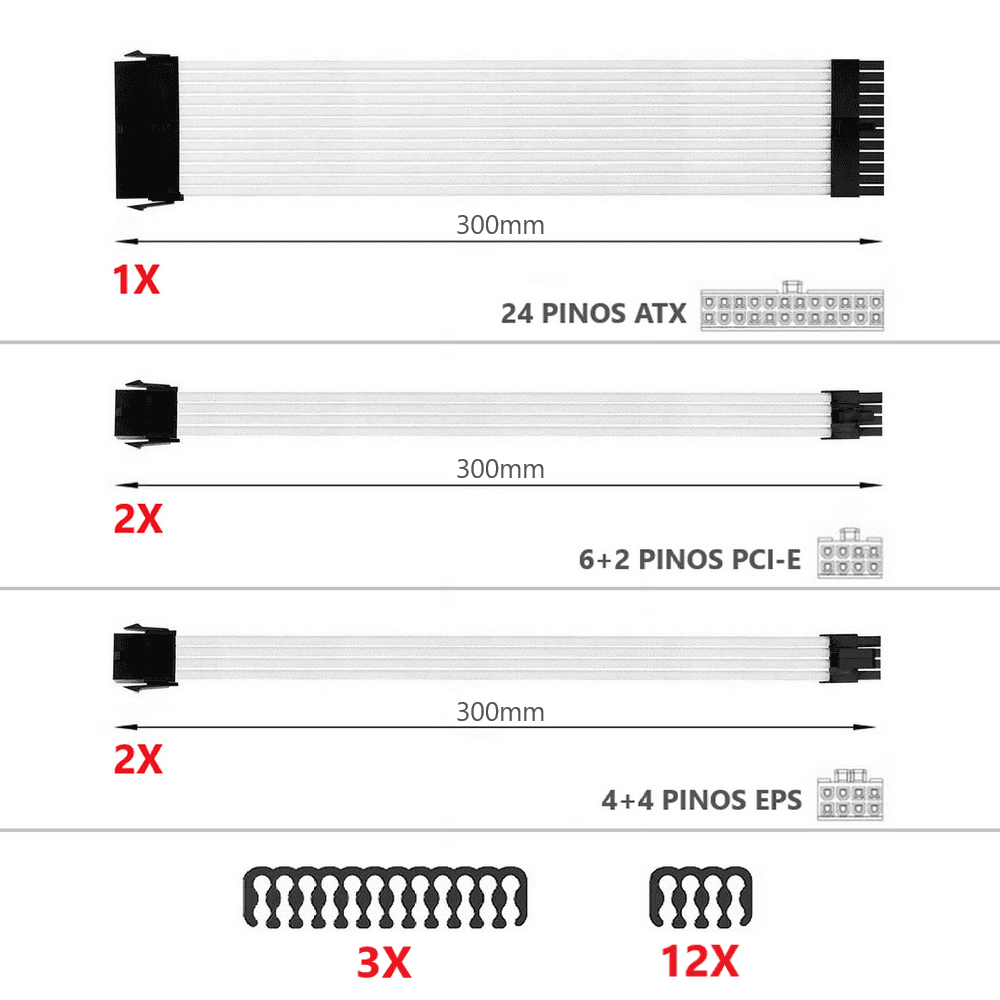 Imagem 2 de 5 do produto Kit 5 Cabo Sleeved Extensor de Fonte, 300mm, Branco, Compatível com ATX 1 x 24 Pinos, CPU 2 x 4+4 Pinos, GPU 2 x 6+2 Pinos