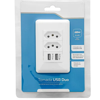 Tomada De Parede Eletrica Duo Com 2 Módulos 10a Branca 4x2 E 2 Portas Usb 3a - Fast Charger Celular Bivolt