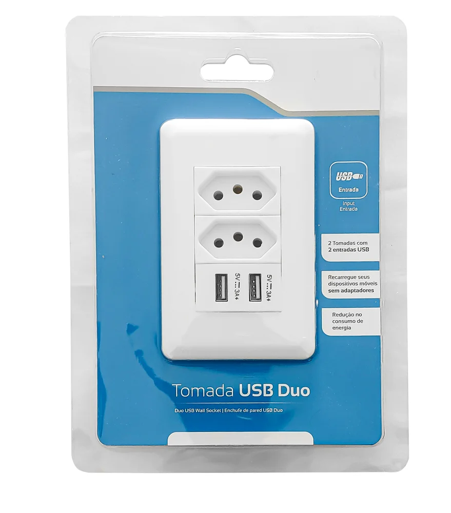 Tomada De Parede Eletrica Duo Com 2 Módulos 10a Branca 4x2 E 2 Portas Usb 3a - Fast Charger Celular Bivolt