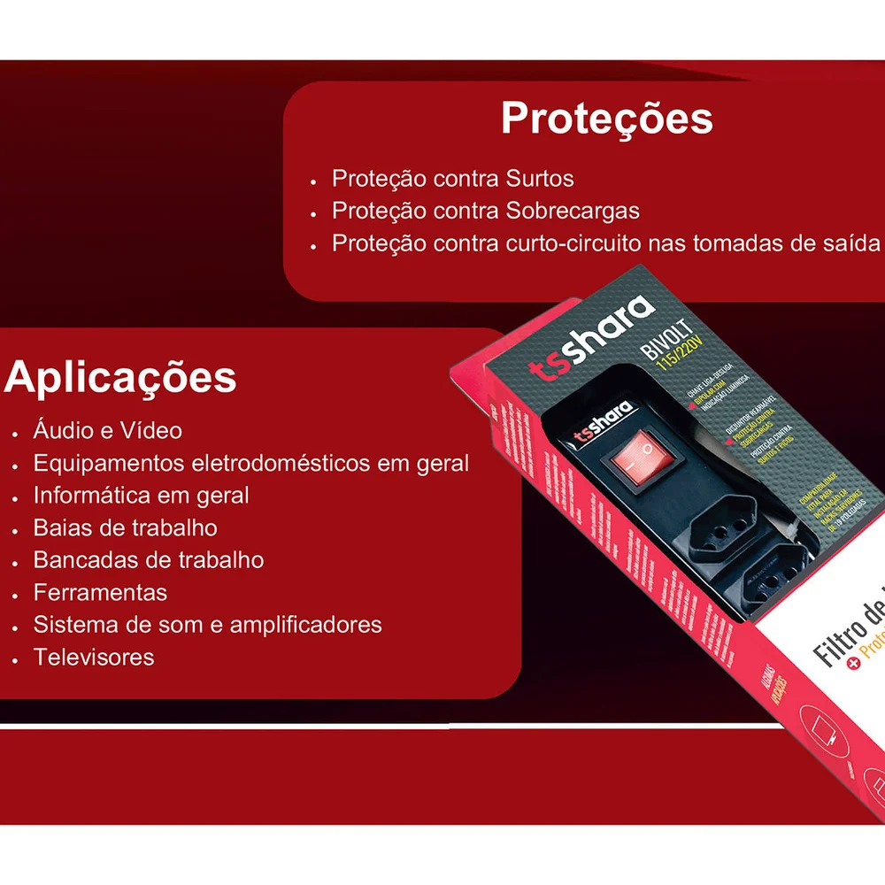 Imagem 2 de 3 do produto Filtro De Linha + Protetor Eletrônico 5 Tom. 10a Bivolt 115/220v C/ Disjuntor Cabo 1,5m Ts Shara 560