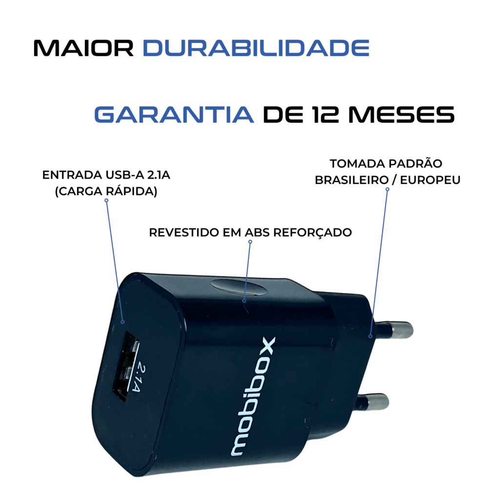 Imagem 3 de 5 do produto Carregador Tomada de Parede / Fonte - Saída USB 2.1A - Turbo + Cabo Lightning p/ iPhone com entrada USB - 2 metros - Original Garantia de 1 ano