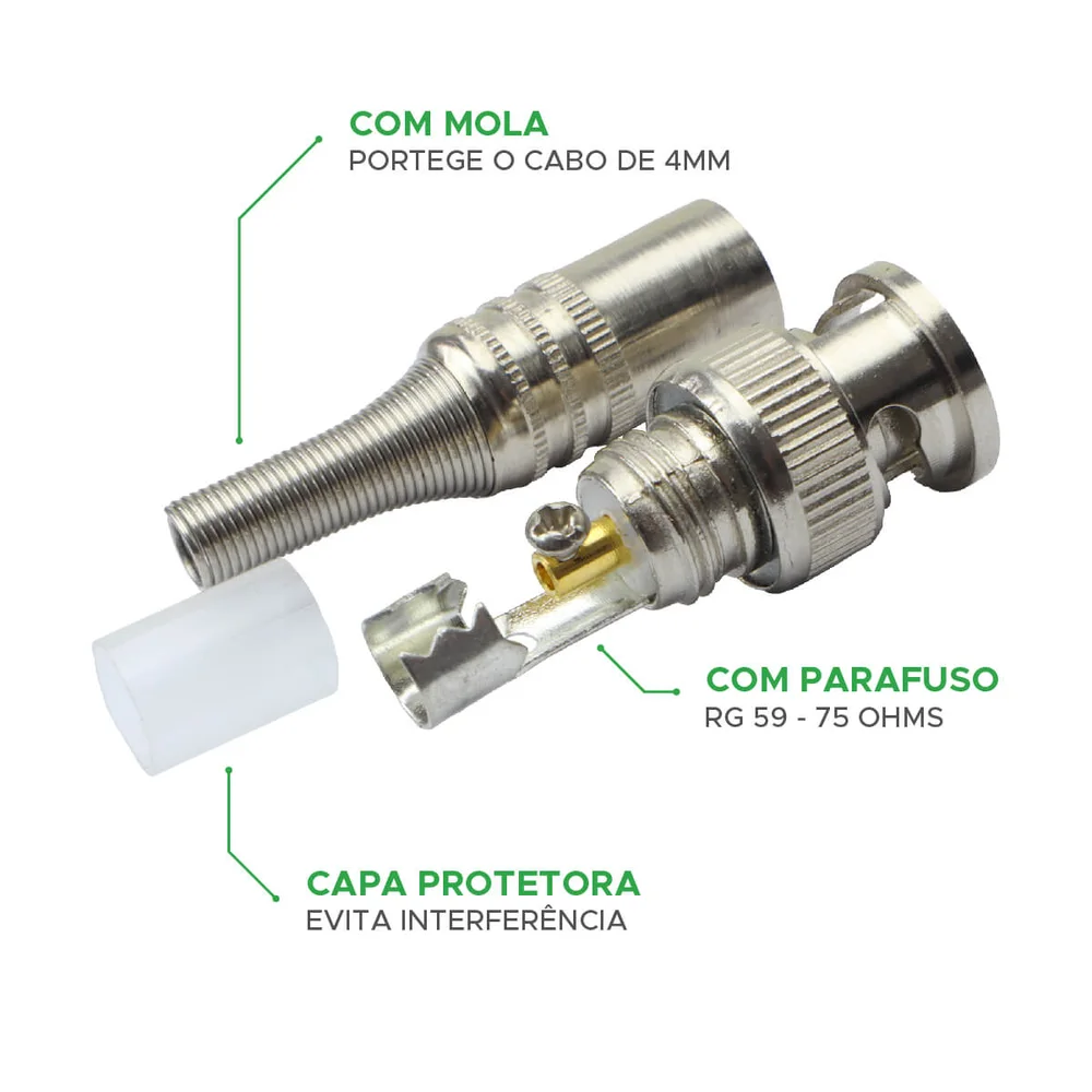 Imagem 2 de 2 do produto Kit 10 Conector Bnc Macho Com Mola E Parafuso P/ Cftv Câmera