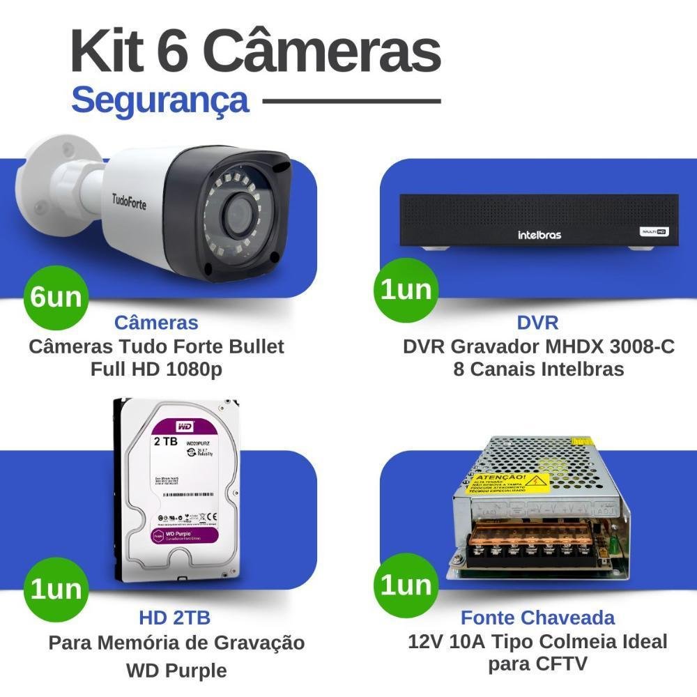 Kit 6 Câmeras Tudo Forte Tf 2020 B Full Hd 1080p Bullet Visão Noturna 20m Proteção Ip66 + Dvr Intelbras Mhdx 3008-c 8 Canais + Hd 2TB Purple