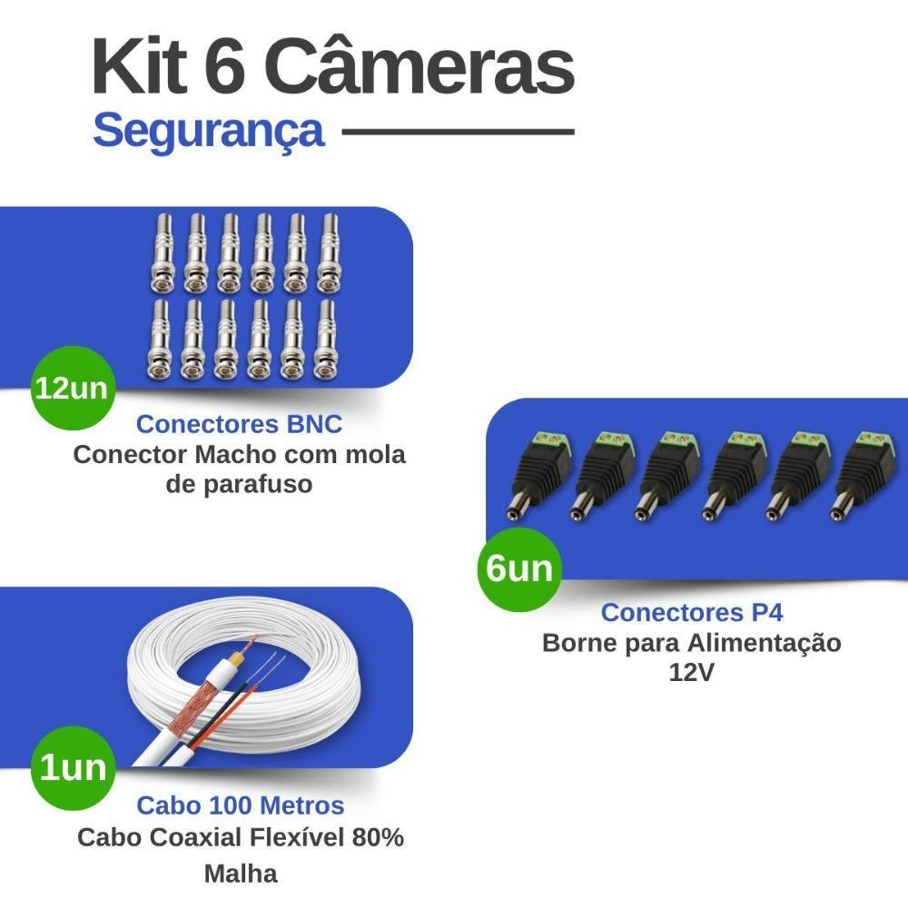 Kit 6 Câmeras Tudo Forte Tf 2020 B Full Hd 1080p Bullet Visão Noturna 20m Proteção Ip66 + Dvr Intelbras Mhdx 3008-c 8 Canais + Hd 2TB Purple