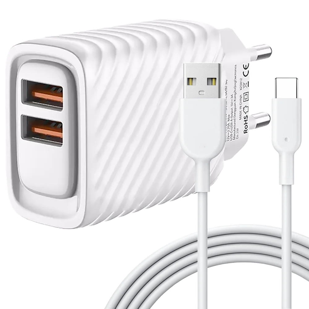 Adaptador De Tomada Carregador Celular Fonte 2 Entradas Com Cabo Incluso Lightning Usb C V8 (cabo Tipo C).