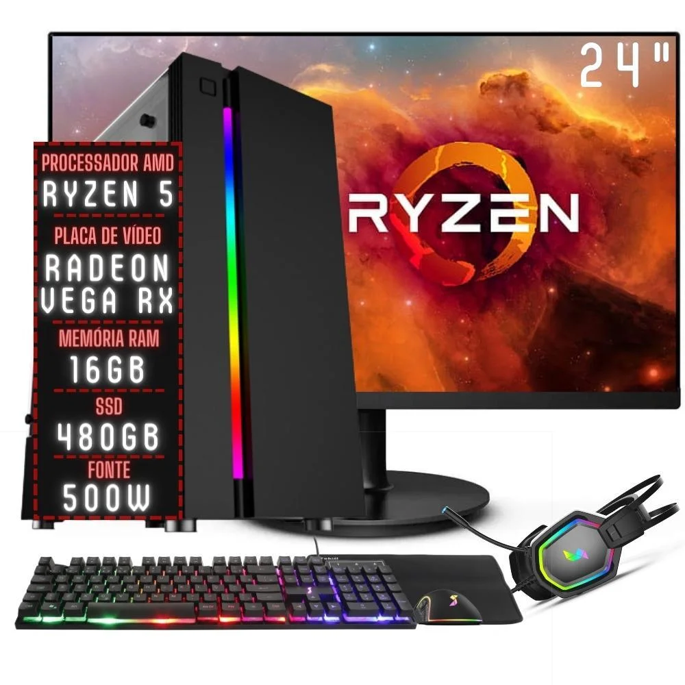 PC Gamer Completo Balão.info Force Amd Ryzen 5 16gb Ddr4 Placa De Vídeo Radeon Rx SSD 480GB Monitor 24" 75hz Fonte 500w 3gfo-044
