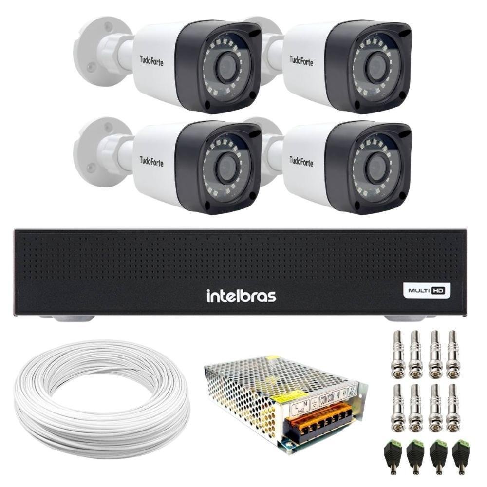 Kit 4 Câmeras Tudo Forte Tf 2020 B Full Hd 1080p Bullet Com Visão Noturna 20m Proteção Ip66 + Dvr Gravador Intelbras Mhdx 1104-c 4 Canais