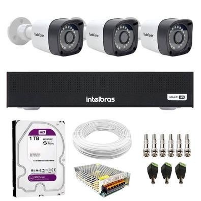 Kit 3 Câmeras Tudo Forte Tf 2020 B Full Hd 1080p Bullet Visão Noturna 20m Proteção Ip66 + Dvr Gravador Intelbras Mhdx 1104-c 4 Canais + Hd 1TB Purple
