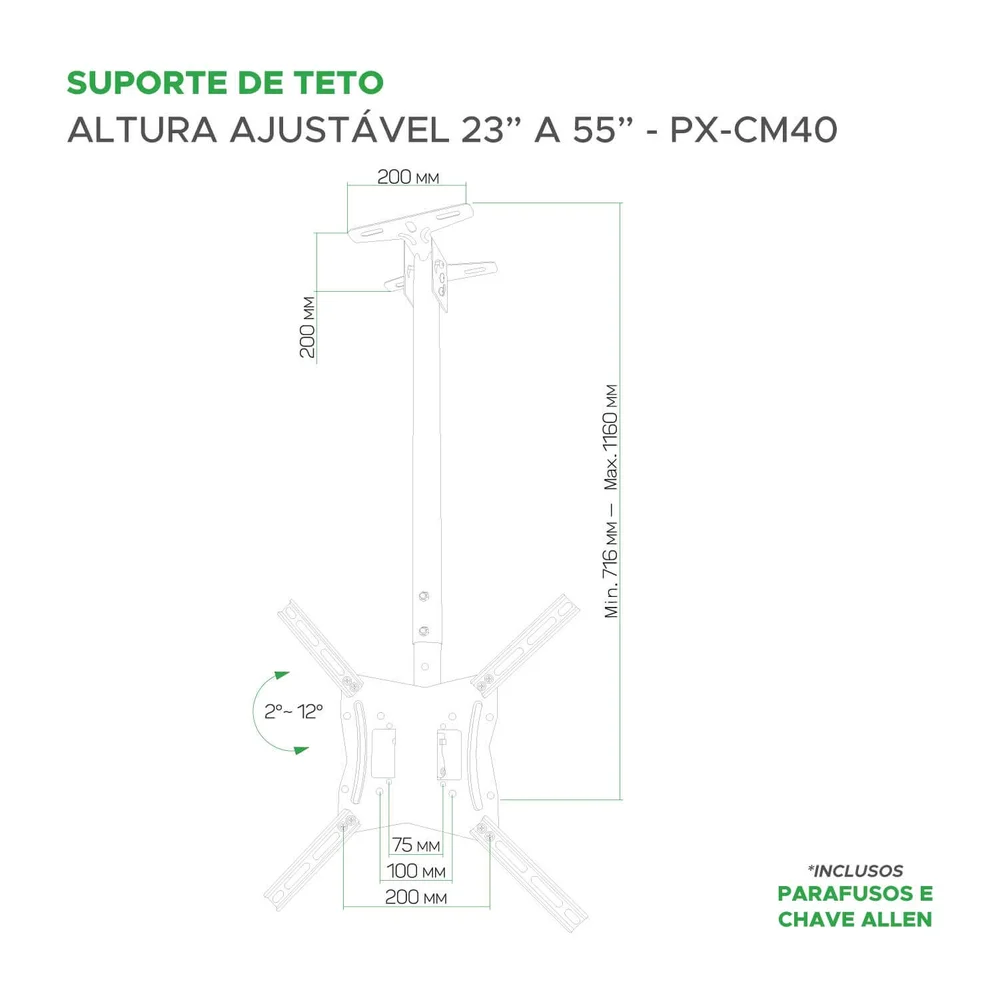 Imagem 4 de 5 do produto Suporte De Teto Pix Para Tv/monitor De 23' Até 55" Preto