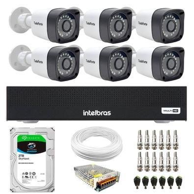 Kit 6 Câmeras Tudo Forte Tf 2020 B Full Hd 1080p Bullet Visão Noturna 20m Proteção Ip66 + Dvr Intelbras Mhdx 3008-c 8 Canais + Hd 2TB Skyhawk