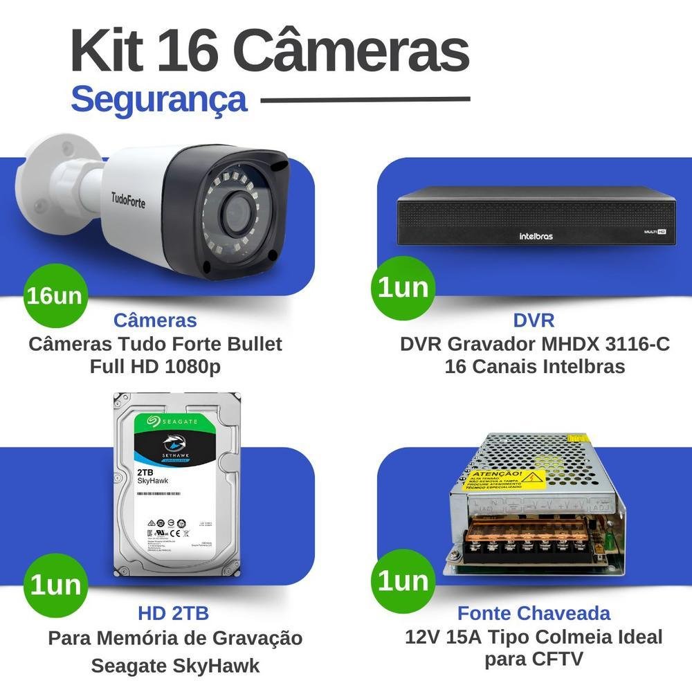 Kit 16 Câmeras Tudo Forte TF 2020 B Full HD 1080p Bullet Visão Noturna 20M Proteção IP66 Dvr Intelbras MHDX 3116-C 16 Canais HD 2TB SkyHawk